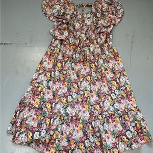 SHEIN Women’s Summer Pink Multi Floral Back-Tie Ruffle Midi Dress